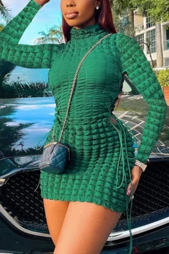 Autumn New Stylish 3 Colors Solid Color Lace-up Hollow Slight stretch Slim Sexy Mini Dress Wholesale