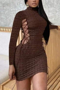 Autumn New Stylish 3 Colors Solid Color Lace-up Hollow Slight stretch Slim Sexy Mini Dress Wholesale -Plus-Size Dresses Sales Store AA009559 7