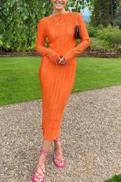 Autumn New 3 Colors Slight Stretch Long Sleeve Pleated Stylish Casual Slim Midi Dress Wholesale