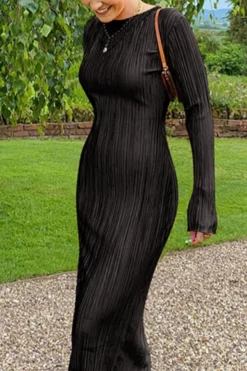 Autumn New 3 Colors Slight Stretch Long Sleeve Pleated Stylish Casual Slim Midi Dress Wholesale -Plus-Size Dresses Sales Store AA009849 10