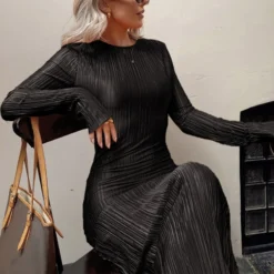 Autumn New 3 Colors Slight Stretch Long Sleeve Pleated Stylish Casual Slim Midi Dress Wholesale -Plus-Size Dresses Sales Store AA009849 11