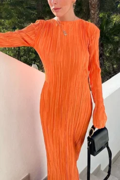 Autumn New 3 Colors Slight Stretch Long Sleeve Pleated Stylish Casual Slim Midi Dress Wholesale -Plus-Size Dresses Sales Store AA009849 2