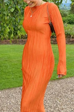 Autumn New 3 Colors Slight Stretch Long Sleeve Pleated Stylish Casual Slim Midi Dress Wholesale -Plus-Size Dresses Sales Store AA009849 3