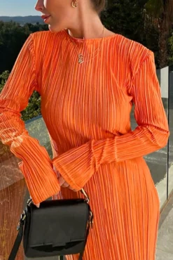 Autumn New 3 Colors Slight Stretch Long Sleeve Pleated Stylish Casual Slim Midi Dress Wholesale -Plus-Size Dresses Sales Store AA009849 4