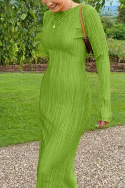 Autumn New 3 Colors Slight Stretch Long Sleeve Pleated Stylish Casual Slim Midi Dress Wholesale -Plus-Size Dresses Sales Store AA009849 6