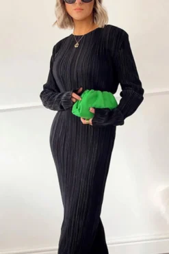 Autumn New 3 Colors Slight Stretch Long Sleeve Pleated Stylish Casual Slim Midi Dress Wholesale -Plus-Size Dresses Sales Store AA009849 8