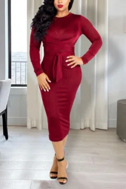 Winter New Stylish Velvet Solid Color Slight stretch Belt Plus Size Casual Midi Dress Wholesale