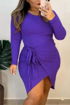 L-4XL Plus Size Autumn New Stylish Solid Color 3 Colors Ribbed Knit High stretch Lace-up Casual Midi Dress Wholesale