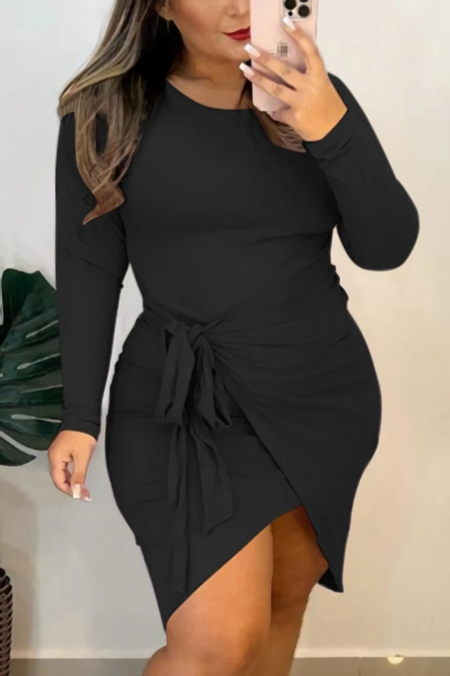 L-4XL Plus Size Autumn New Stylish Solid Color 3 Colors Ribbed Knit High stretch Lace-up Casual Midi Dress Wholesale 2 L-4XL Plus Size Autumn New Stylish Solid Color 3 Colors Ribbed Knit High stretch Lace-up Casual Midi Dress Wholesale - Image 2