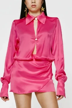 Early Autumn New Satin Non Stretch Shoulder Padded Long Sleeve Turndown Collar Single Breasted Hollow Stylish Sexy Mini Dress Wholesale Sexy Dresses