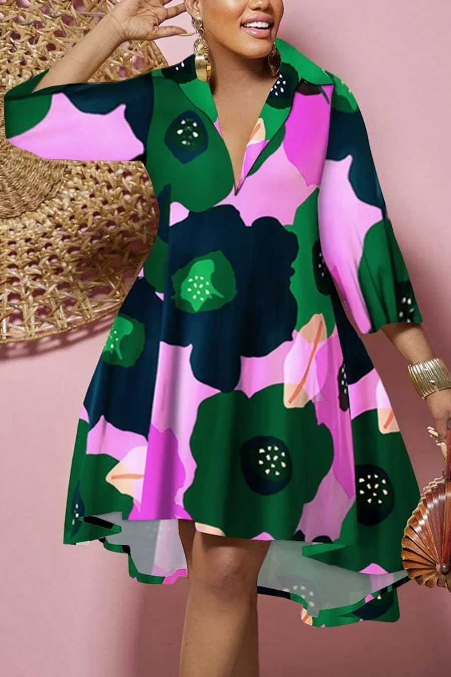 M-3XL Plus Size Lapel Flower Batch Printing Inelastic Casual Midi Dress Wholesale Plus-Size Dresses 1 M-3XL Plus Size Lapel Flower Batch Printing Inelastic Casual Midi Dress Wholesale Plus-Size Dresses