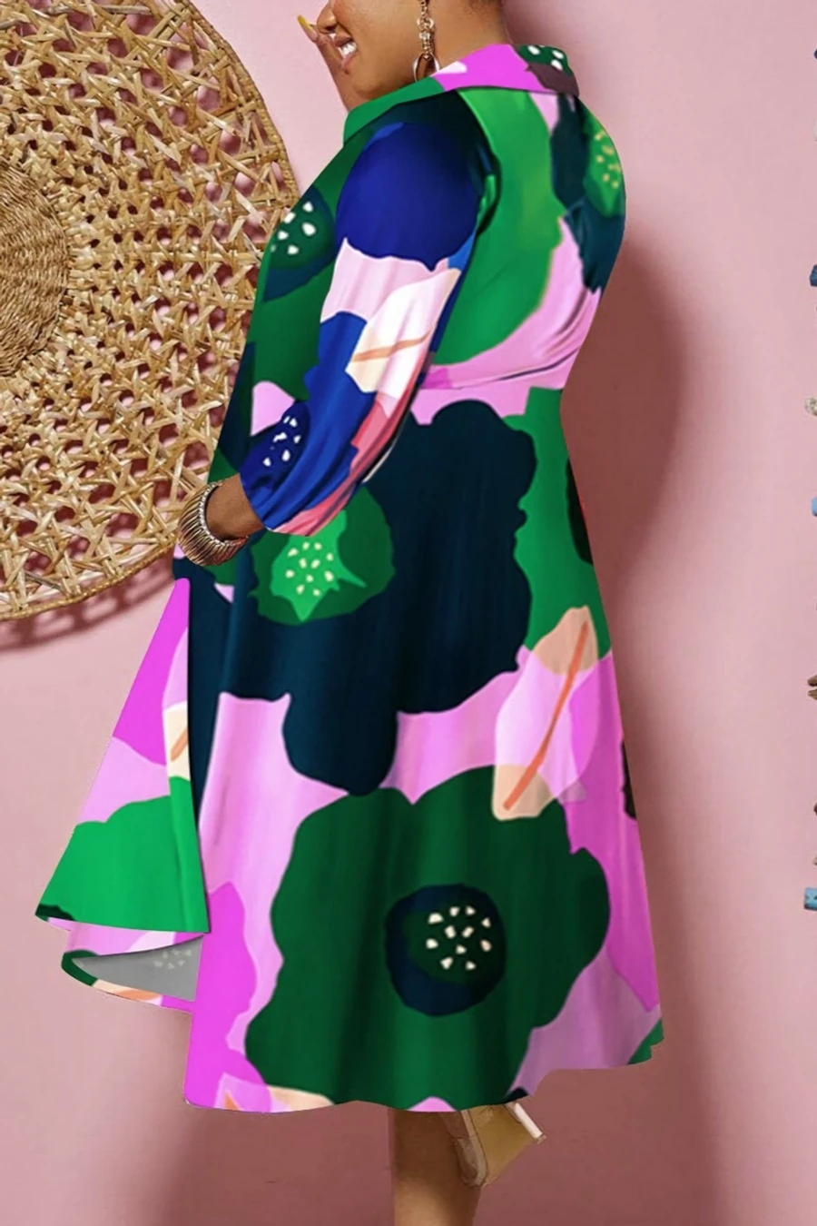 M-3XL Plus Size Lapel Flower Batch Printing Inelastic Casual Midi Dress Wholesale Plus-Size Dresses 2 M-3XL Plus Size Lapel Flower Batch Printing Inelastic Casual Midi Dress Wholesale Plus-Size Dresses - Image 2