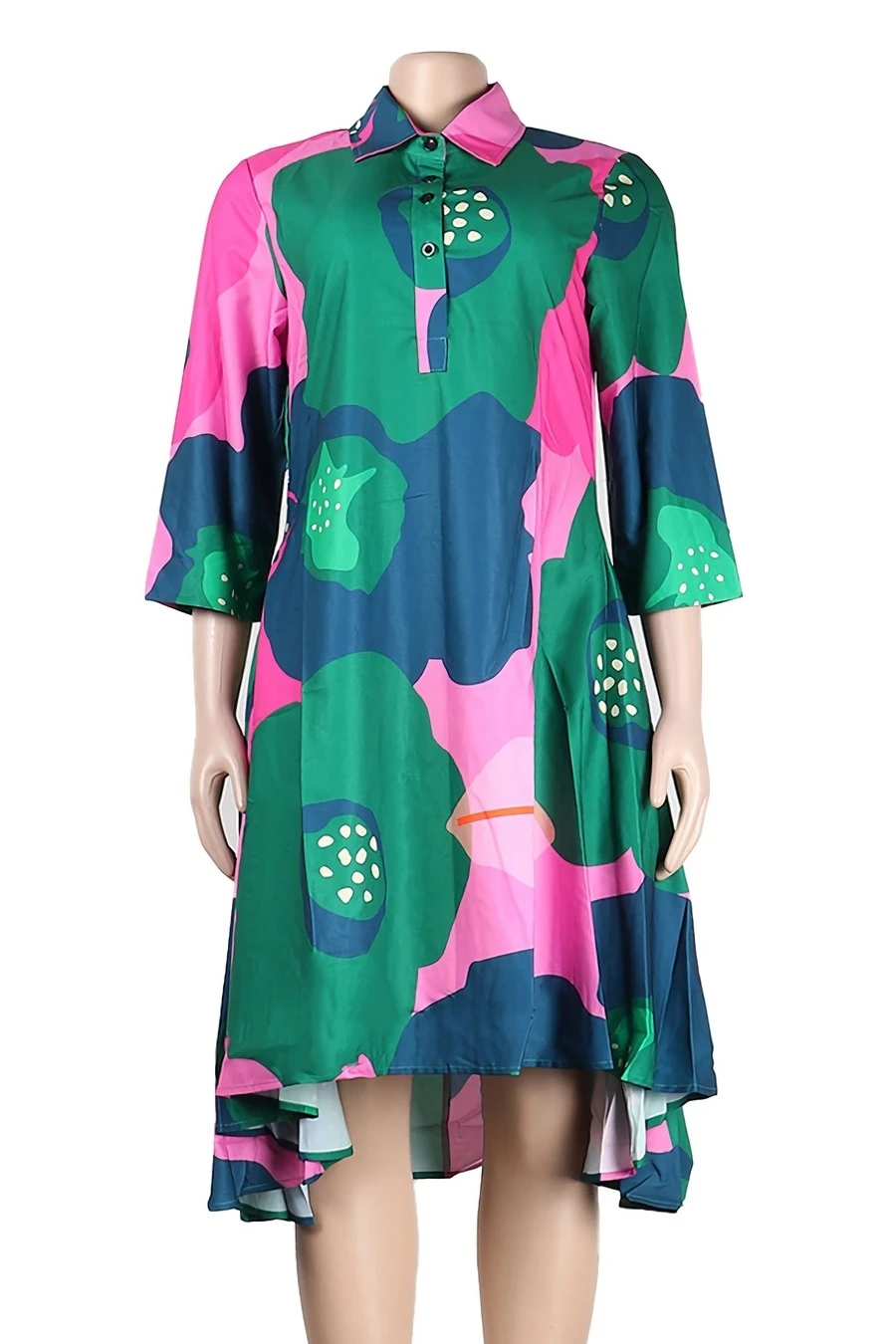 M-3XL Plus Size Lapel Flower Batch Printing Inelastic Casual Midi Dress Wholesale Plus-Size Dresses 4 M-3XL Plus Size Lapel Flower Batch Printing Inelastic Casual Midi Dress Wholesale Plus-Size Dresses - Image 4