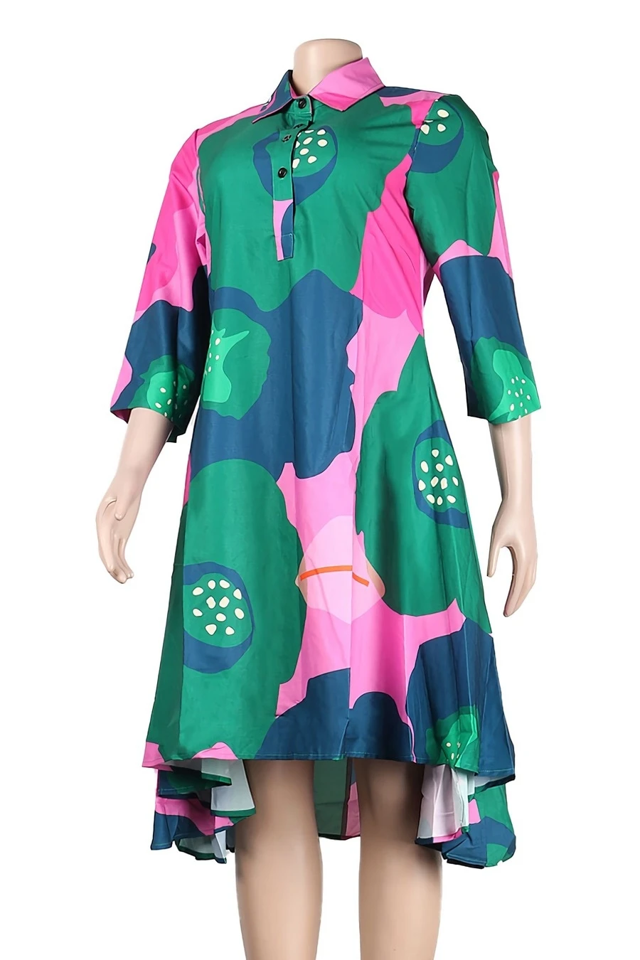 M-3XL Plus Size Lapel Flower Batch Printing Inelastic Casual Midi Dress Wholesale Plus-Size Dresses 5 M-3XL Plus Size Lapel Flower Batch Printing Inelastic Casual Midi Dress Wholesale Plus-Size Dresses - Image 5