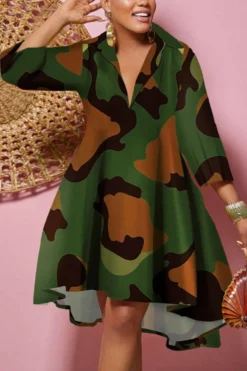 M-3XL Plus Size Lapel Camo Printing Inelastic Casual Midi Dress Wholesale Plus-Size Dresses