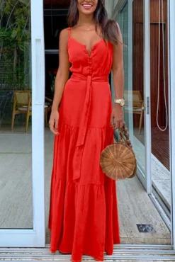 S-3XL Stretch Plus-size Sling 5 Colors Button Maxi Dress(with Belt) Wholesale Casual Dresses