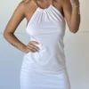 Slight stretch Slim Backless Plastic Thick Chain Halter Neck Sexy Mini Dress Wholesale Tank & Cami Dresses