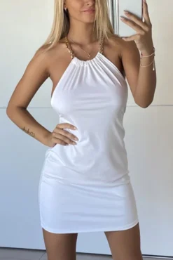 Slight stretch Slim Backless Plastic Thick Chain Halter Neck Sexy Mini Dress Wholesale Tank & Cami Dresses