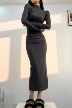 Slight stretch Simple Solid Color 5 Colors Slim Shirring Casual Midi Dress Wholesale -Plus-Size Dresses Sales Store AA011128 10