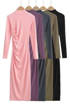 Slight stretch Simple Solid Color 5 Colors Slim Shirring Casual Midi Dress Wholesale -Plus-Size Dresses Sales Store AA011128 13