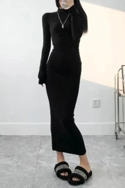 Slight stretch Simple Solid Color 5 Colors Slim Shirring Casual Midi Dress Wholesale -Plus-Size Dresses Sales Store AA011128 4