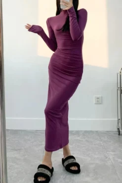 Slight stretch Simple Solid Color 5 Colors Slim Shirring Casual Midi Dress Wholesale -Plus-Size Dresses Sales Store AA011128 6