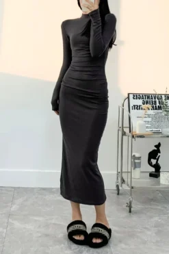 Slight stretch Simple Solid Color 5 Colors Slim Shirring Casual Midi Dress Wholesale -Plus-Size Dresses Sales Store AA011128 9