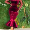 Plus Size Slight Stretch Lace Velvet Spliced Party Mermaid Midi Dress Wholesale Plus-Size Dresses
