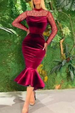 Plus Size Slight Stretch Lace Velvet Spliced Party Mermaid Midi Dress Wholesale Plus-Size Dresses