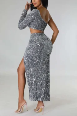 Three Colors Slight Stretch Sequin Hollow One Shoulder Slit Sexy Maxi Dress Wholesale Cut Out Dresses -Plus-Size Dresses Sales Store AA011812 10