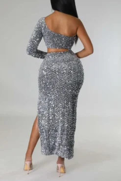 Three Colors Slight Stretch Sequin Hollow One Shoulder Slit Sexy Maxi Dress Wholesale Cut Out Dresses -Plus-Size Dresses Sales Store AA011812 11