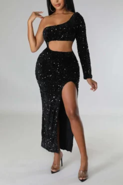 Three Colors Slight Stretch Sequin Hollow One Shoulder Slit Sexy Maxi Dress Wholesale Cut Out Dresses -Plus-Size Dresses Sales Store AA011812 14