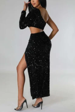 Three Colors Slight Stretch Sequin Hollow One Shoulder Slit Sexy Maxi Dress Wholesale Cut Out Dresses -Plus-Size Dresses Sales Store AA011812 16