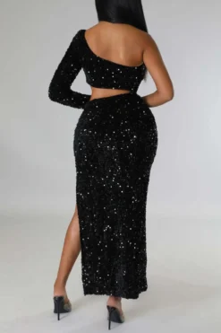Three Colors Slight Stretch Sequin Hollow One Shoulder Slit Sexy Maxi Dress Wholesale Cut Out Dresses -Plus-Size Dresses Sales Store AA011812 17