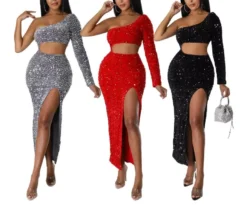 Three Colors Slight Stretch Sequin Hollow One Shoulder Slit Sexy Maxi Dress Wholesale Cut Out Dresses -Plus-Size Dresses Sales Store AA011812 18