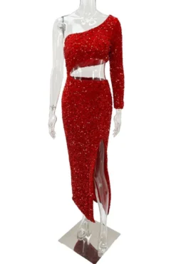 Three Colors Slight Stretch Sequin Hollow One Shoulder Slit Sexy Maxi Dress Wholesale Cut Out Dresses -Plus-Size Dresses Sales Store AA011812 19