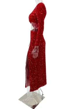 Three Colors Slight Stretch Sequin Hollow One Shoulder Slit Sexy Maxi Dress Wholesale Cut Out Dresses -Plus-Size Dresses Sales Store AA011812 20