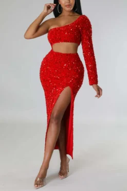 Three Colors Slight Stretch Sequin Hollow One Shoulder Slit Sexy Maxi Dress Wholesale Cut Out Dresses -Plus-Size Dresses Sales Store AA011812 3