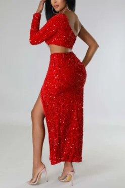 Three Colors Slight Stretch Sequin Hollow One Shoulder Slit Sexy Maxi Dress Wholesale Cut Out Dresses -Plus-Size Dresses Sales Store AA011812 4