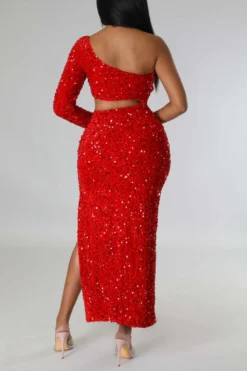 Three Colors Slight Stretch Sequin Hollow One Shoulder Slit Sexy Maxi Dress Wholesale Cut Out Dresses -Plus-Size Dresses Sales Store AA011812 5