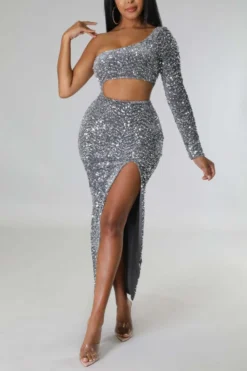 Three Colors Slight Stretch Sequin Hollow One Shoulder Slit Sexy Maxi Dress Wholesale Cut Out Dresses -Plus-Size Dresses Sales Store AA011812 8