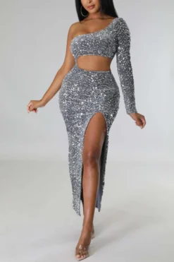 Three Colors Slight Stretch Sequin Hollow One Shoulder Slit Sexy Maxi Dress Wholesale Cut Out Dresses -Plus-Size Dresses Sales Store AA011812 9