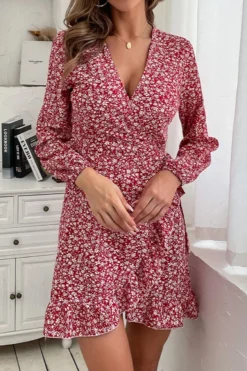 Non-stretch V-neck Floral Batch Printing Long-sleeved Stylish Casual Mini Dress Wholesale