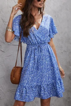 XS-L Leaf Printing Non-stretch V-neck Stylish Casual Mini Dress Wholesale