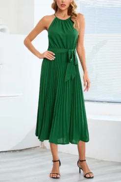 Plus Size Slight stretch 5 Colors Solid Color Belt Pleated Stylish Midi Dress Wholesale Casual Dresses