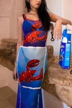 Sexy Stretch Lobster Printing Sling Midi Dress Wholesale Tank & Cami Dresses