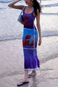 Sexy Stretch Lobster Printing Sling Midi Dress Wholesale Tank & Cami Dresses -Plus-Size Dresses Sales Store AA012167 4
