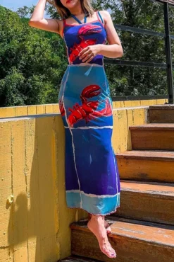 Sexy Stretch Lobster Printing Sling Midi Dress Wholesale Tank & Cami Dresses -Plus-Size Dresses Sales Store AA012167 5