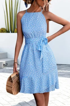 Casual Non Stretch Batch Printing Pearl Decor Ruffle Mini Dress (with Belt) Wholesale Tank & Cami Dresses