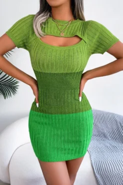 Sexy Slight Stretch 3 Colors Contrast Knitted Hollow Out Bodycon Mini Dress Wholesale